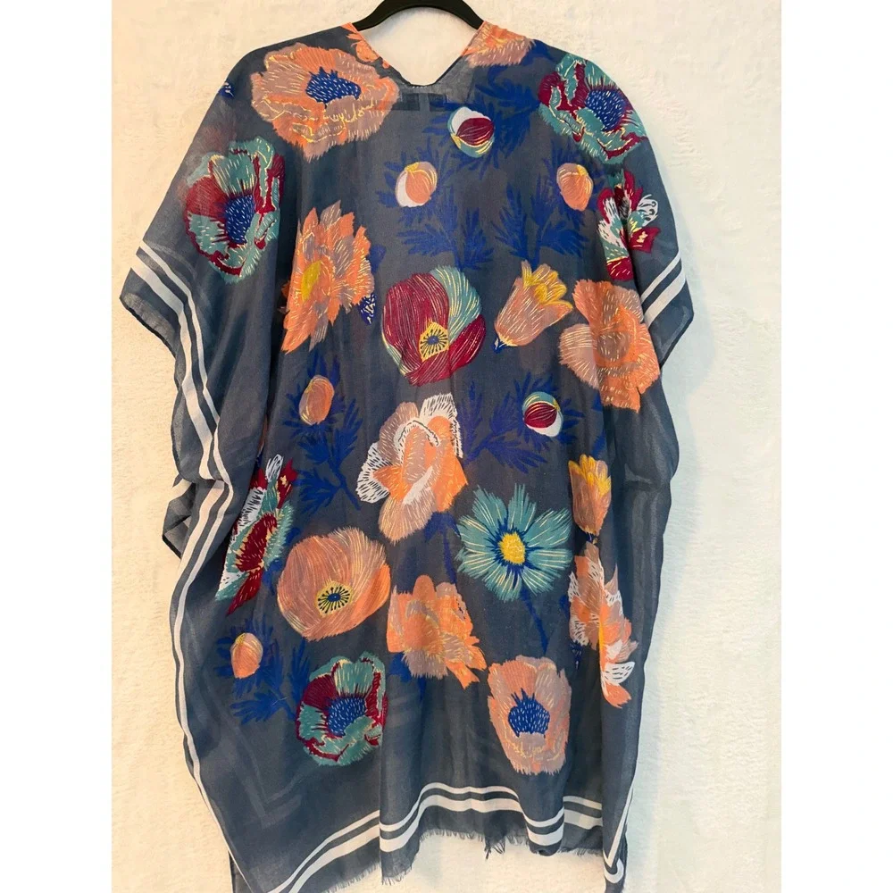Woven Heart Floral Kimono Wrap Blue‎ Sheer Boho Cover Up XE195628 OS